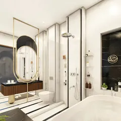 A wider view of the luxury washroom, showing the freestanding bathtub and the spacious layout. The design seamlessly integrates the vanity, toilet, and shower areas, using consistent materials like marble, wood, and brass for a cohesive look.
