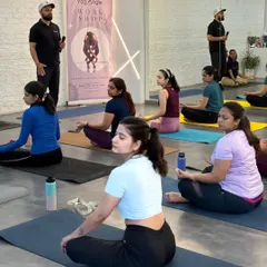 Our instructor leads a session during our Yoga Sangam event for International Yoga Day. It was a day of shared practice, learning, and celebrating the unifying spirit of yoga.