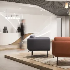 An identical view of the dynamic and sleek reception area, where modern design and fluid lines create a sense of movement and innovation.