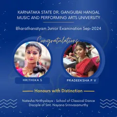 Congratulations to our students Hrithika and Pradeeksha for securing Honours with Distinction in the state-level Bharatanatyam examination. Their hard work has paid off beautifully.