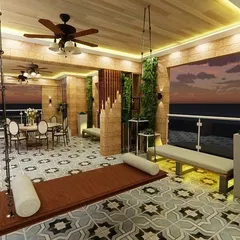 Another angle of the Bhiwandi project concept, this render showcases the interplay of patterned tiles, a wooden swing, and lush greenery, illustrating our vision for a serene and stylish terrace space.