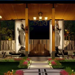 This is a 3D render of a grand outdoor pavilion for a property on the Meerut Highway. Flanked by 16-foot sculptures, this double-height structure is designed for large-scale dining and celebrations.