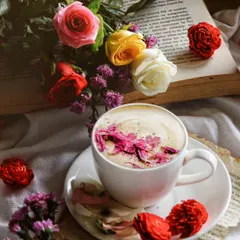 A bright and beautiful flat lay of a cup of coffee topped with flower petals, surrounded by fresh roses and an open book.
