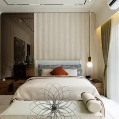 This bedroom from our "Yūgen House" project is a haven of tranquility. By orienting the room for optimal natural light and using a palette of warm woods and calming whites, we created a Vastu-aligned space that promotes restful sleep and a peaceful state of mind.