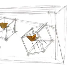 A more developed sketch of the installation, showing the placement of the three chair forms. This helps us visualize the spatial relationship and narrative flow of the piece.