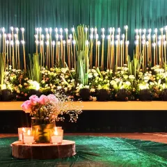 A close-up of an elegant Sangeet stage backdrop, featuring a wall of lights, lush greenery, and white flowers.
