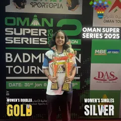 A global triumph. Janani Ananthakumar shines on the international stage, clinching the Women’s Doubles Title and securing Runner-Up in Women’s Singles at the prestigious Oman Super Series Tournament.