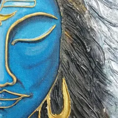 A close-up of the Shiva texture painting, highlighting the golden accents on his face and the details of his closed eyes.