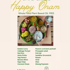 The menu for our special Onam Sadhya feast. I love recreating traditional festive meals in a way that is both authentic in flavor and incredibly healthy, featuring dishes like Kadala Curry, Pineapple Salad, and Moong Payasam.