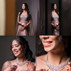 A collage of the bride getting ready, presented in classic black and white. It captures her expressions and the details of her diamond necklace.