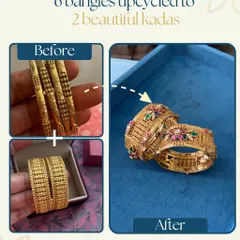 Six old, unworn gold bangles were combined and reimagined into two stunning, heavy kadas. This shows how we can create bold, timeless pieces that every generation will love to wear, without melting a single gram of gold.