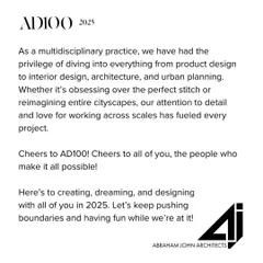 A note of thanks for our inclusion in the AD100 2025 list. We are a multidisciplinary practice fueled by a passion for design and an obsession with detail, and we are grateful for the recognition.