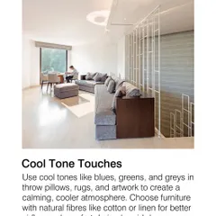 Color psychology plays a key role in creating a calming atmosphere. We use cool tones like blues, greens, and greys in our interior palettes, complemented by natural fibers like linen for furniture, to enhance comfort, especially during humid weather.
