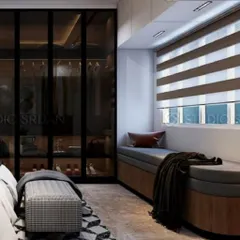Another view of the closet and window seat, showing how this functional space is also designed for comfort and relaxation.
