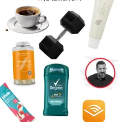 A visual starter pack for my ideal night in versus my ideal morning. A restful night for me includes things like a face mask, eye patches, a good book, and maybe some sugar-free ice cream. A productive morning involves coffee, a workout, and listening to an audiobook.