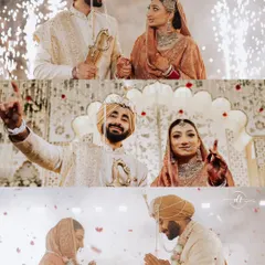 A collage of beautiful moments from Jagmeet and Jasneet's Sikh wedding. The bride's makeup was kept soft and elegant to complement her beautiful peach-toned Anand Karaj outfit.