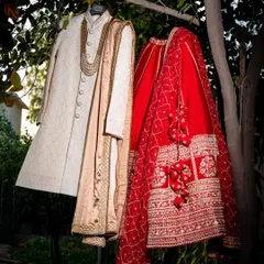 A creative shot of the bride and groom's wedding outfits. We take time to photograph your attire, capturing the details you spent so much time choosing.