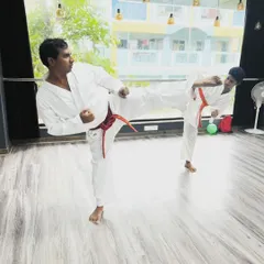 Shihan Dayanathan demonstrating a powerful side kick during a Kyu Grading at our Marathahalli dojo. Perfecting the basics is the foundation of a true martial artist.