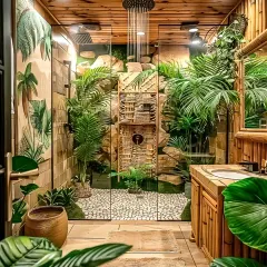 This is our vision for a biophilic bathroom, bringing nature indoors. The design features a walk-in shower surrounded by lush plants, natural stone, and bamboo accents, creating a tropical, oasis-like feel.