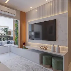 A perfect example of our custom modular furniture. This floating TV unit combines concealed storage with open shelving, while the integrated bench seating by the window creates a cozy reading nook, making the most of the available space.