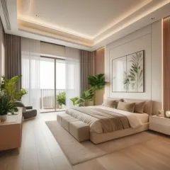 An example of our bedroom interior design work, this space features soft, integrated lighting and a neutral color palette to create a serene and luxurious atmosphere. The room opens onto a balcony, blurring the line between indoor and outdoor living.
