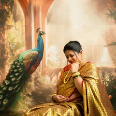 A quiet, emotional moment captured during a traditional saree shoot. The soft lighting and gentle pose highlight the mother's deep connection with her unborn child.