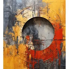 This rustic abstract painting combines textured layers of grey, yellow, and red with a central circular motif. It's a powerful piece that blends raw, industrial aesthetics with bold, modern design.