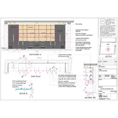 After the concept is approved, I create detailed technical drawings like this one. This elevation and section plan for the office cabin's storage unit specifies every dimension, material, and finish, ensuring flawless execution during construction.