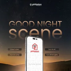 Set the perfect goodnight scene right from the Phlipton app. This image shows a user creating a routine to close curtains, turn on the AC, and dim the lights for a restful night.