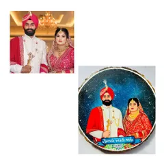 Here’s how I turn a cherished photo into a timeless keepsake. This custom wedding portrait is hand-painted on a mango wood slice, complete with a beautiful galaxy background and the couple's special phrase, 'Jyonde vasde rahe'.