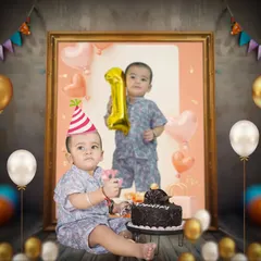 A creative composite image for a first birthday, combining a cake smash photo with a framed portrait and digital decorations.