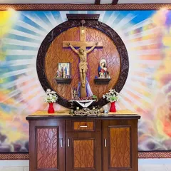 I created this large-scale altar mural for a client's living room, turning their sacred space into a focal point of beauty and devotion. Using spray paint, I blended a celestial background of clouds and divine light to perfectly frame their existing wooden crucifix.