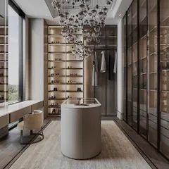 For a truly grand experience, I design dressing rooms with statement pieces. This space includes a stunning chandelier, a curved central island for accessories, and a dedicated vanity area, all framed by floor-to-ceiling shoe shelves and wardrobes.