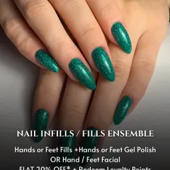Perfect for maintaining your extensions, this image shows a beautiful set of green glitter nails after an infill service. Infills help keep your extensions looking fresh and flawless for longer.
