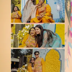 A collage of candid moments from the Haldi, featuring playful interactions with family, capturing the genuine laughter and love.