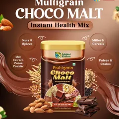 Our Multigrain Choco Malt is more than just a chocolate drink; it's a powerhouse of nutrition. This visual breaks down its ingredients, showing how millets, cereals, nuts, and cocoa powder come together to create a tasty and healthy mix for the whole family.