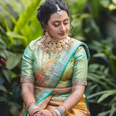 A beautiful portrait of bride Shreya. Her makeup features soft, blended eyeshadow and a flawless base that looks incredible in this professional shot.