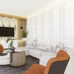 A wireframe and partial render of a living room design. This shows an early stage of our 3D visualization process, where we map out the furniture layout and architectural details before applying final textures.