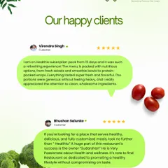 We love our happy clients. These reviews mention our nutritious options, from fresh salads to protein-packed wraps, and appreciate the attention to clean, wholesome ingredients and great taste.