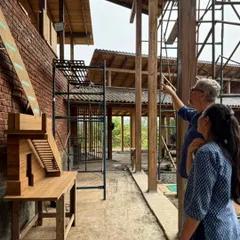 Working through the details of a staircase design on site at our Kamshet farmhouse project. Using a physical model allows us to have more productive and efficient conversations with the craftsmen than relying on drawings alone.