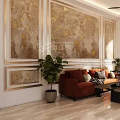 On the opposite wall, I designed these large, textured art panels with gold leaf accents to add a layer of luxury and artistry. This feature wall becomes a sophisticated backdrop for the entire living space.