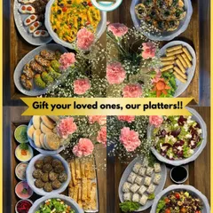A collage showing the incredible variety of my gifting platters. You can see Italian, Lebanese, Asian, and salad platters, demonstrating that you can gift your loved ones a world of flavors.