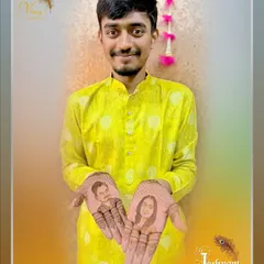 A proud groom displaying his personalized mehndi, featuring portraits of himself and his bride on each palm.