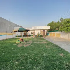 A look at our play area, complete with an umbrella for shade and colorful tires for the dogs to play on.