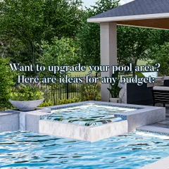 Want to upgrade your pool area? This image showcases a modern pool with an integrated jacuzzi, surrounded by elegant stone decking and planters, offering ideas for any budget.
