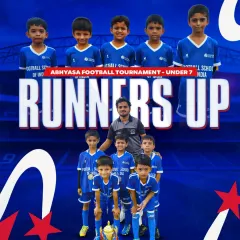 Our youngest champions. The U7 team proudly displays their Runners-Up trophy from the Abhyasa Football Tournament.