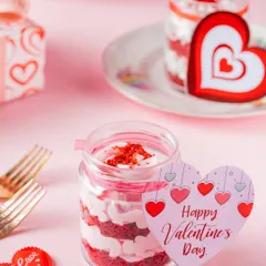 Our Red Velvet dessert jar is a piece of art. It features layers of soft red velvet sponge sandwiched between silky smooth cream cheese frosting, perfect for a Valentine's treat.