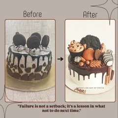 A look back at my journey. This before-and-after shows the growth from one of my earlier, simple chocolate cakes to a more complex, overloaded drip cake. Failure is not a setback; it's a lesson.
