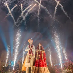 A spectacular moment as fireworks light up the sky behind the couple during their royal wedding in Bikaner.
