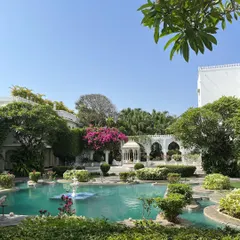 A serene hotel garden built around a pool. Notice how they use a mix of flowering bougainvillea, structured shrubs, and tall trees to create layers and depth in the landscape design.
